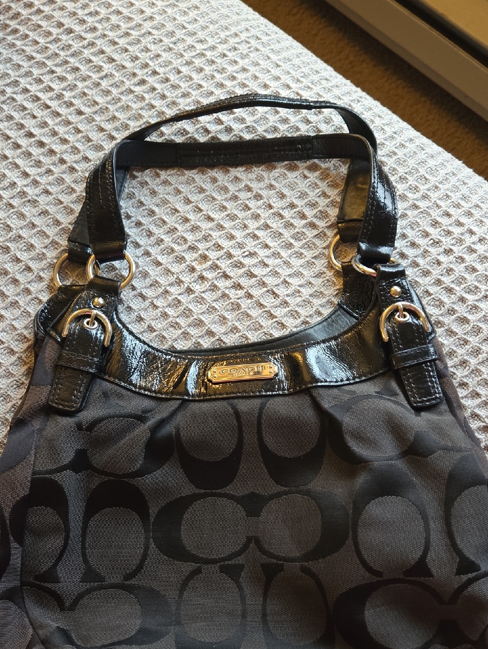 Coach Black Signature Jacquard Shoulder Bag with Patent Trim